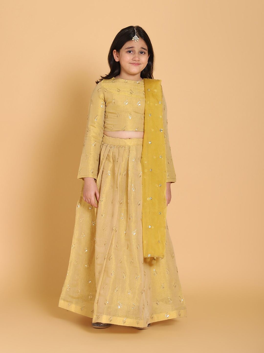 

PICCOLO Girls Gold-Toned Ready to Wear Lehenga & Blouse With Dupatta