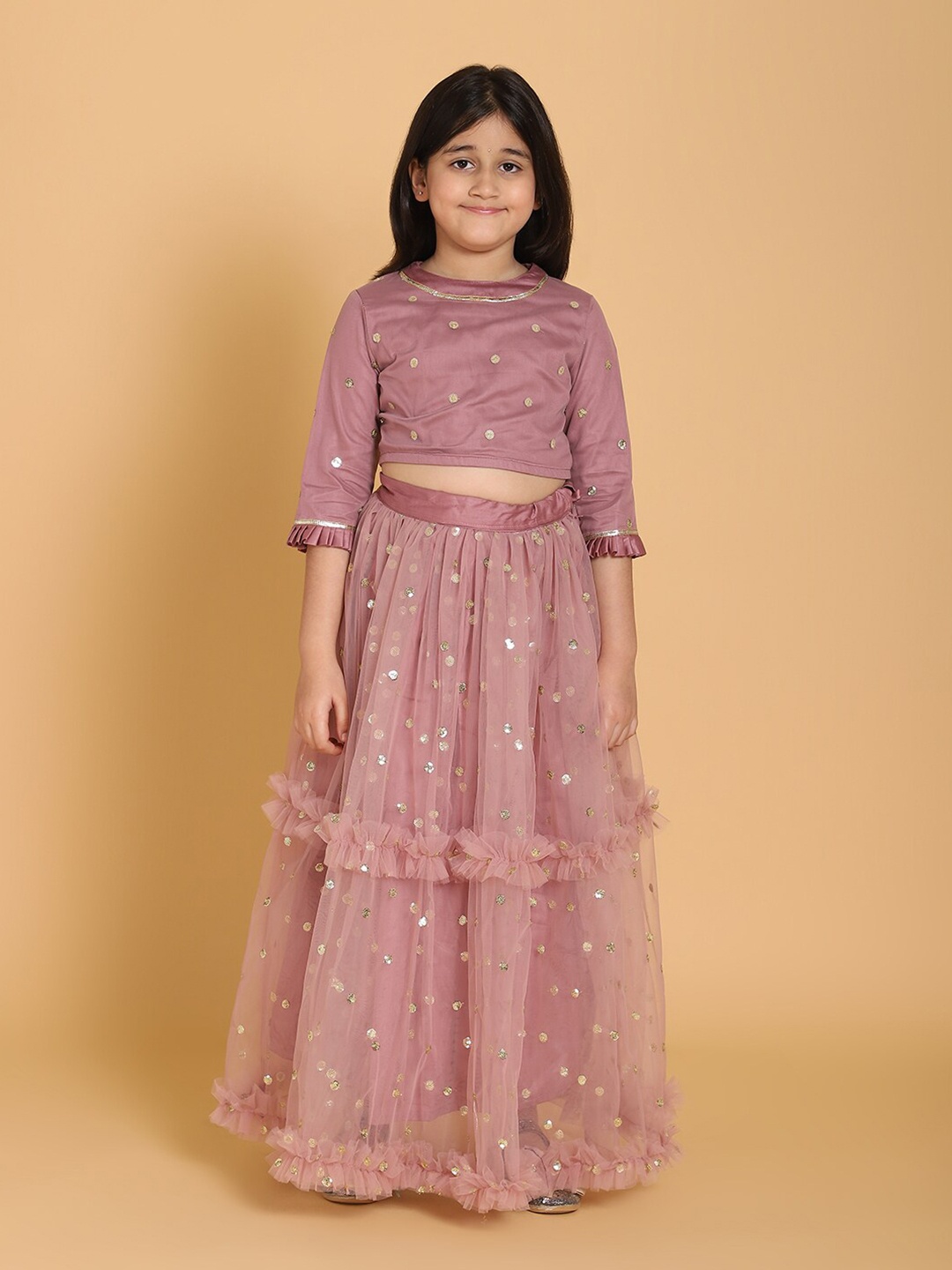 

PICCOLO Girls Pink Embellished Ready to Wear Net Lehenga Choli
