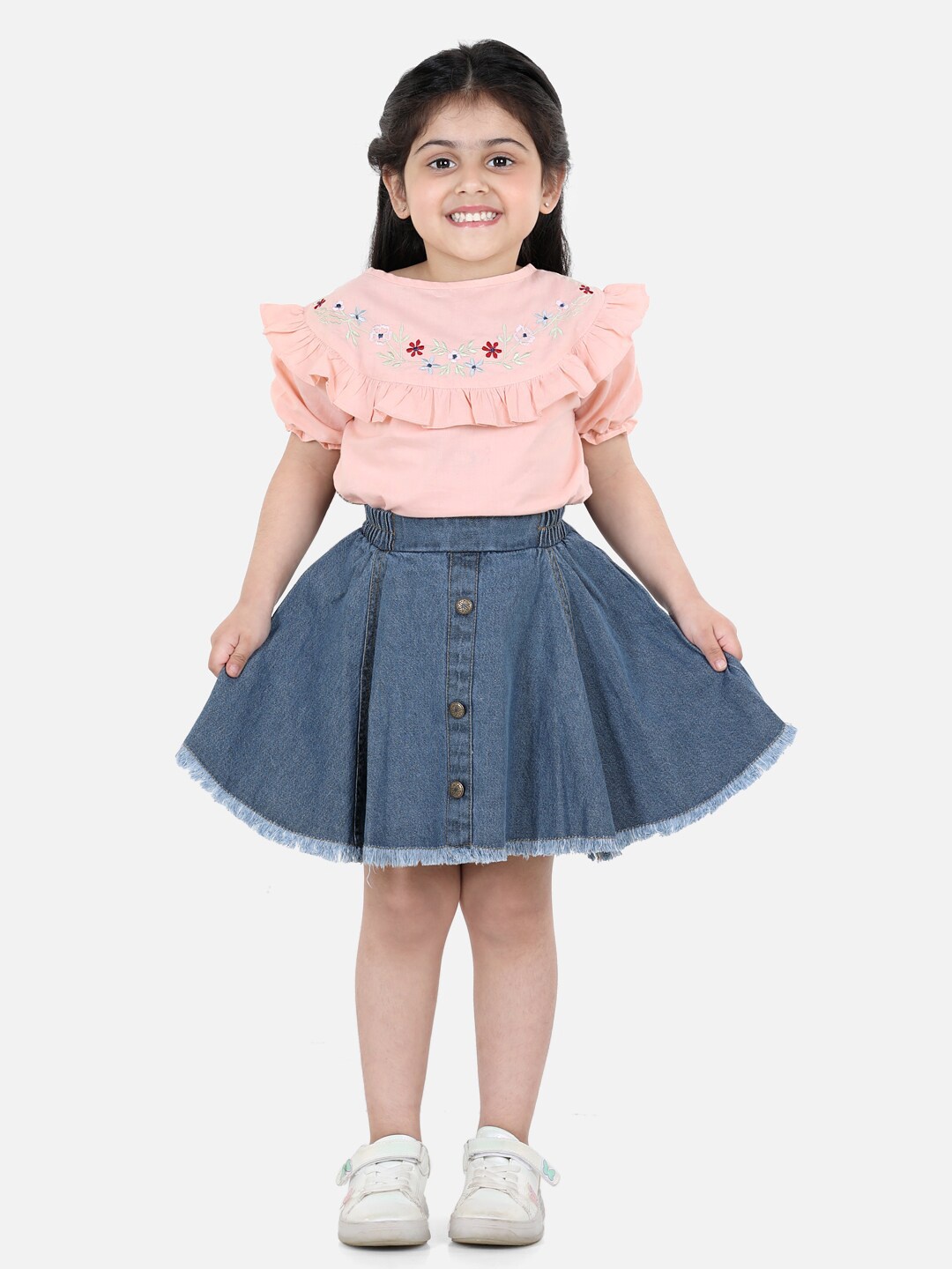 AWW HUNNIE Girls Pink & Blue Printed Cotton Top with Skirt