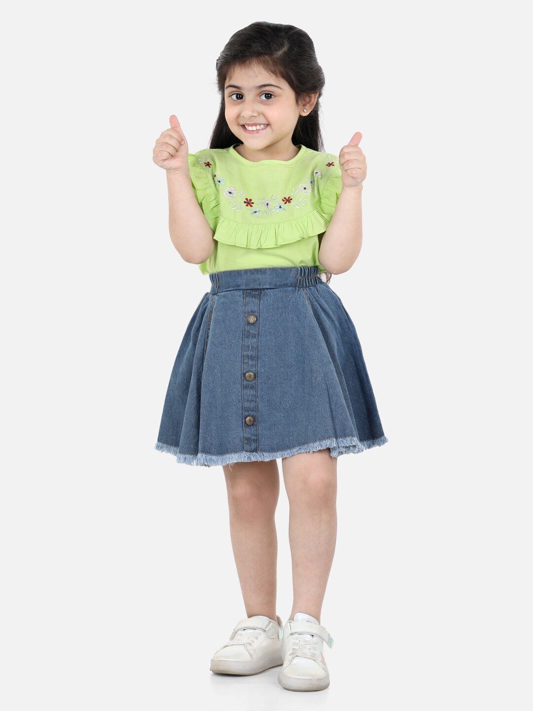

AWW HUNNIE Green Cotton Floral Embroidered Top With Denim Skirt