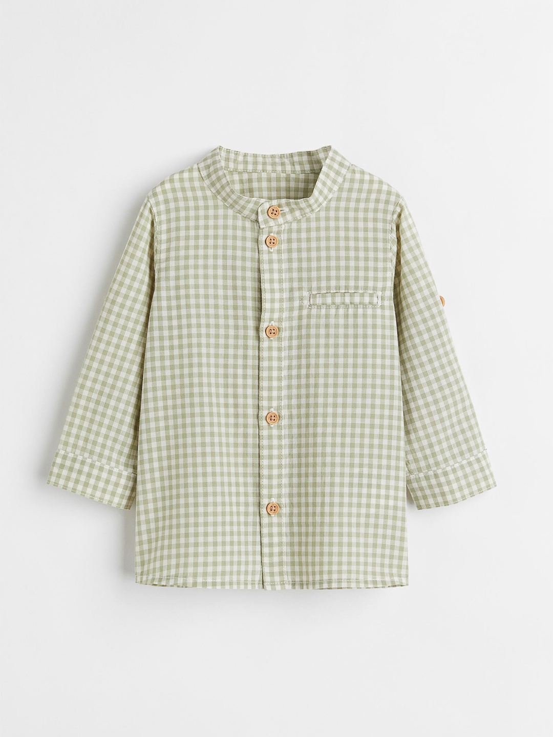

H&M Boys Sage Green & White Checked Pure Cotton Grandad Shirt