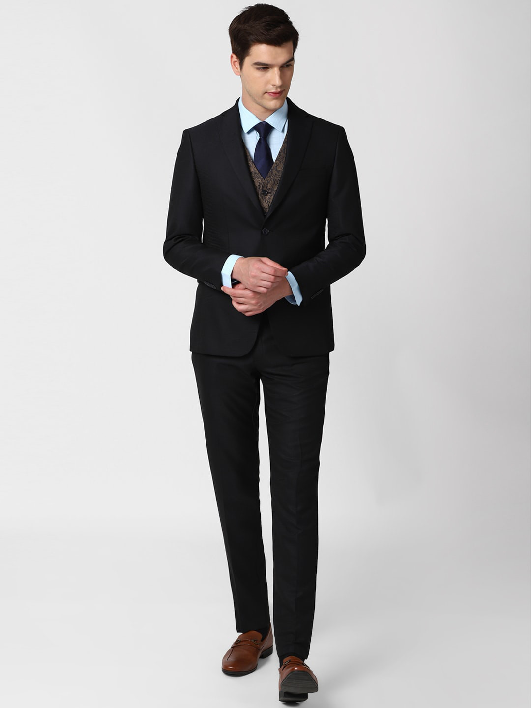 

Peter England Elite Men Black Self Design Slim Fit 3 Piece Formal Suit
