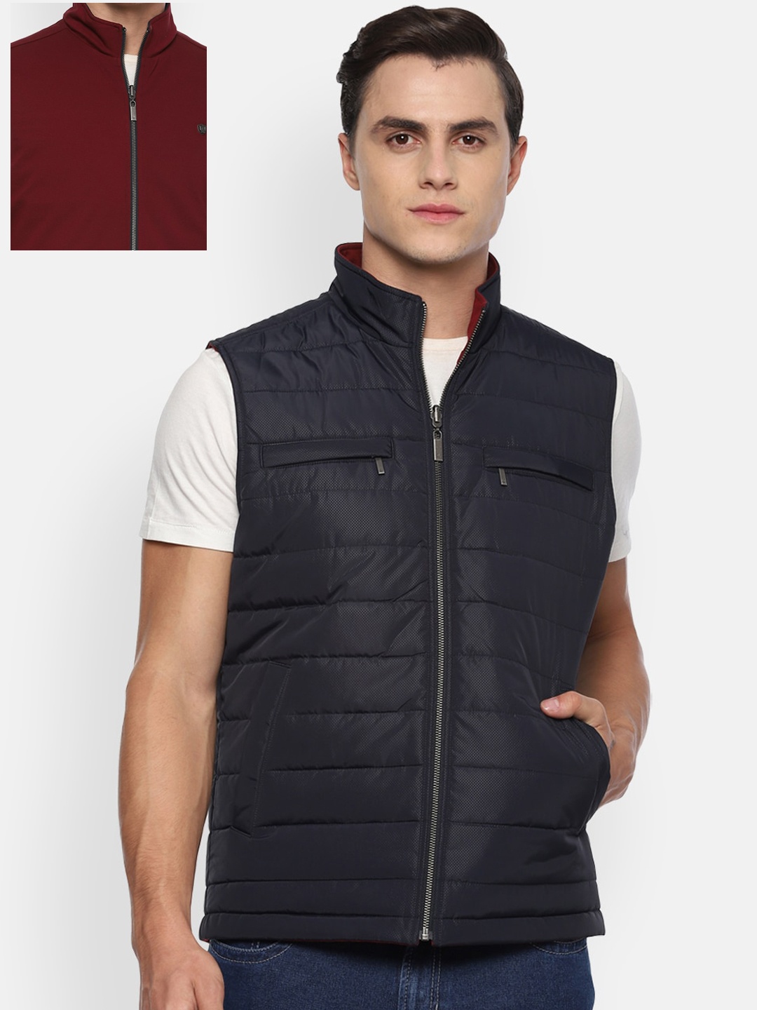 

Louis Philippe Men Maroon & Navy Blue Reversible Padded Jacket