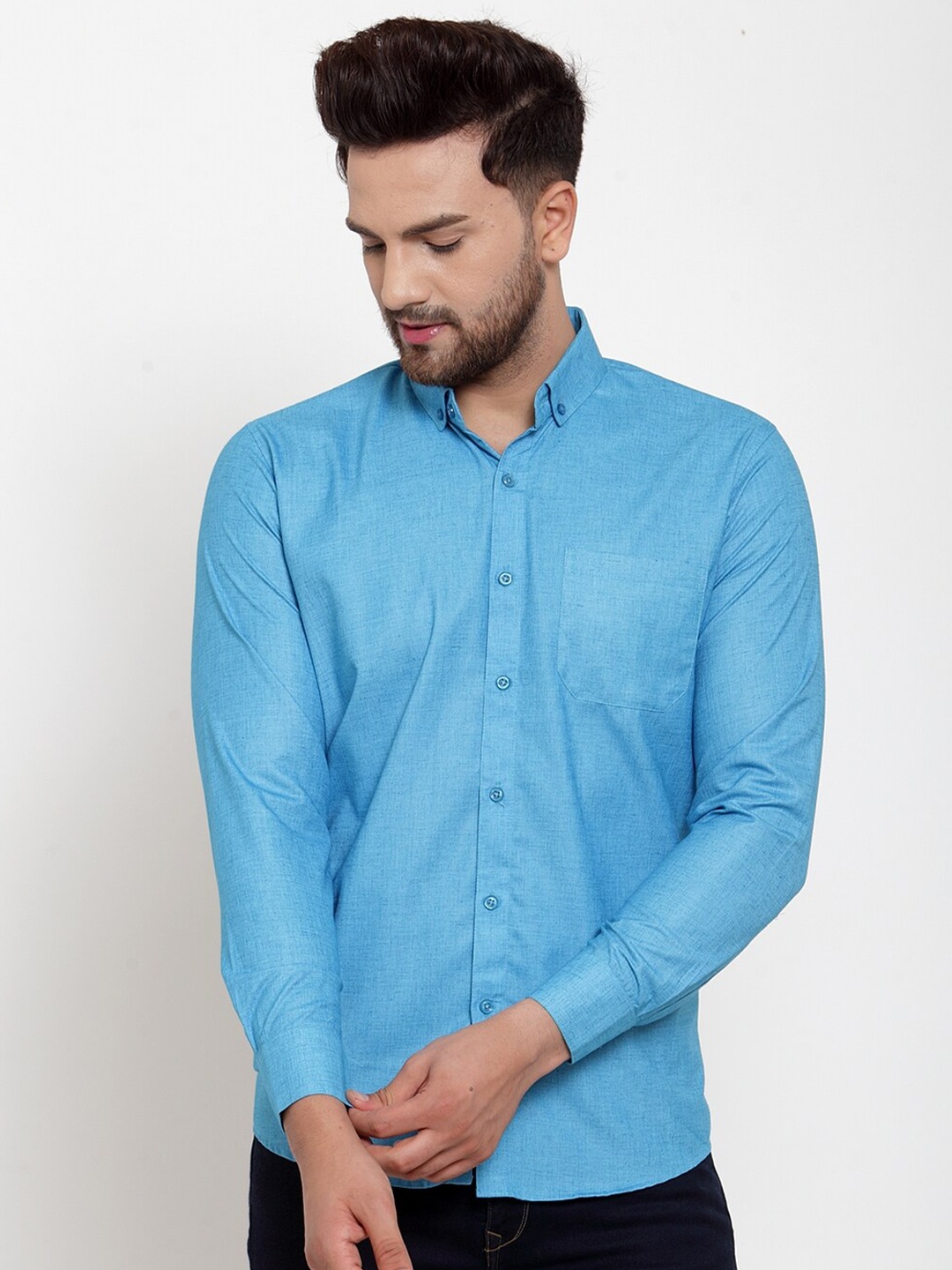 

JAINISH Men Blue Solid Smart Slim Fit Casual Cotton Shirt