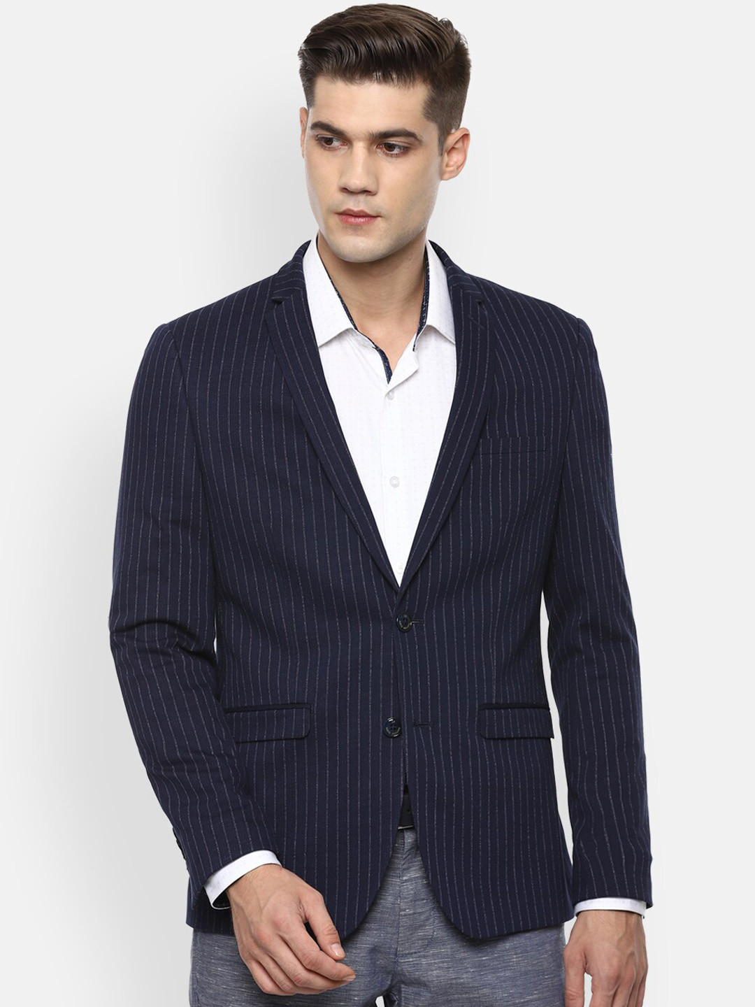 

Louis Philippe Sport Men Navy Blue Striped Super Slim-Fit Single Breasted Pure Cotton Formal Blazer