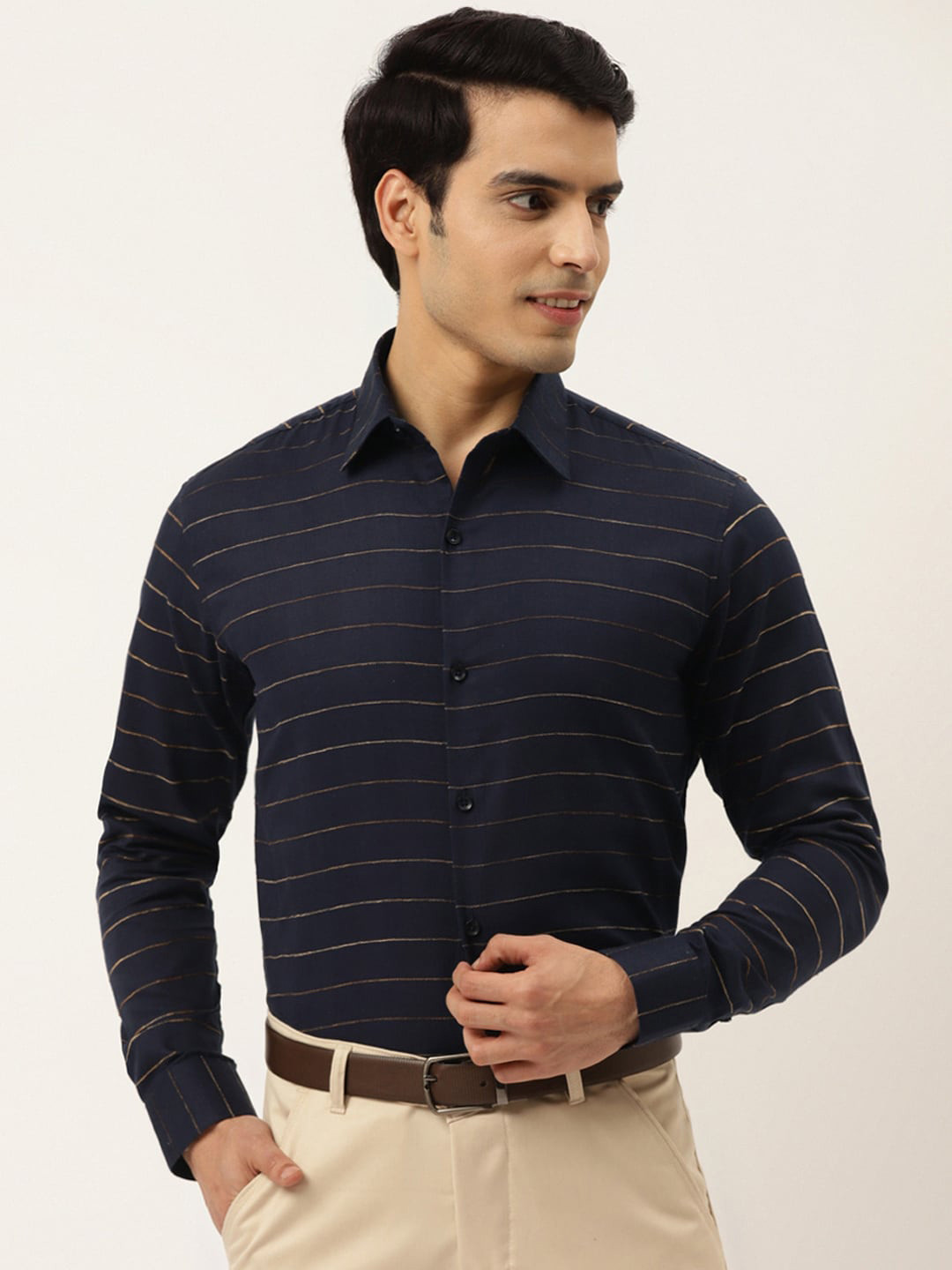 

JAINISH Men Navy Blue Smart Slim Fit Horizontal Stripes Striped Formal Shirt