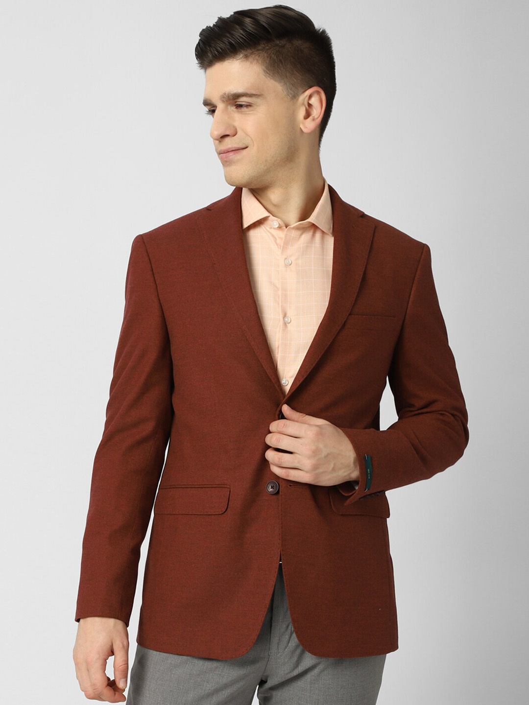 

Peter England Elite Men Maroon Solid Self Design Blazer