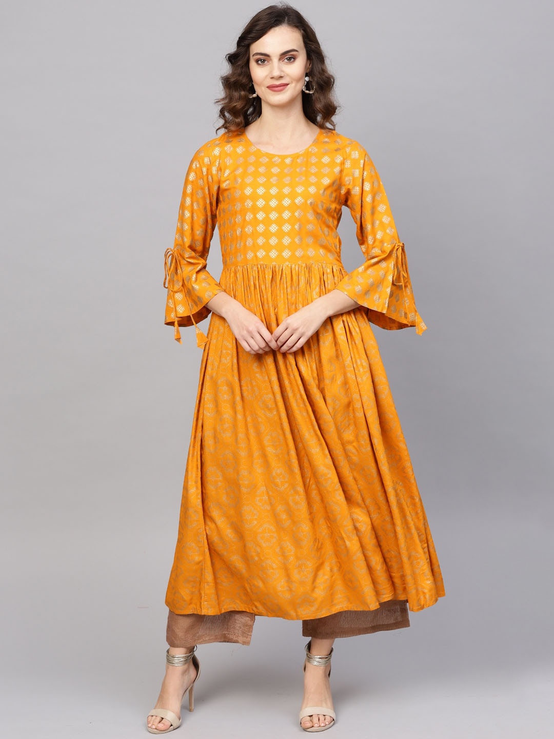 Indo Era Women Mustard Yellow Ethnic Motifs Printed Anarkali Kurta