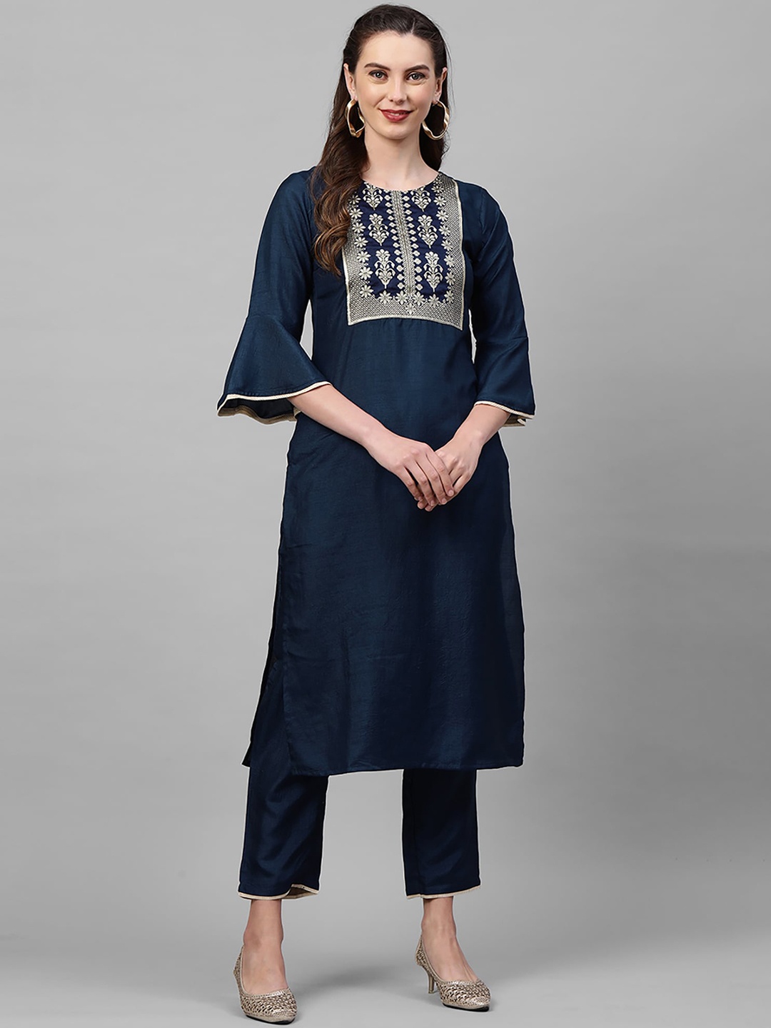 

Indo Era Women Navy Blue Ethnic Motifs Yoke Design Kurta with Trousers