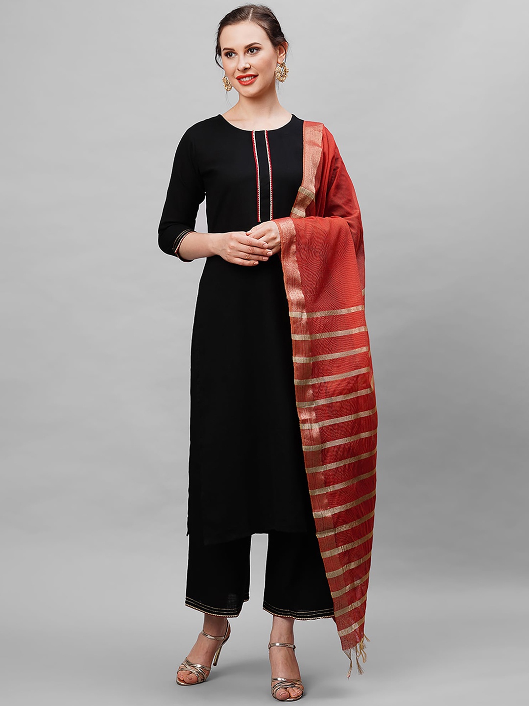 Indo Era Women Black Kurta with Trousers & With Dupatta