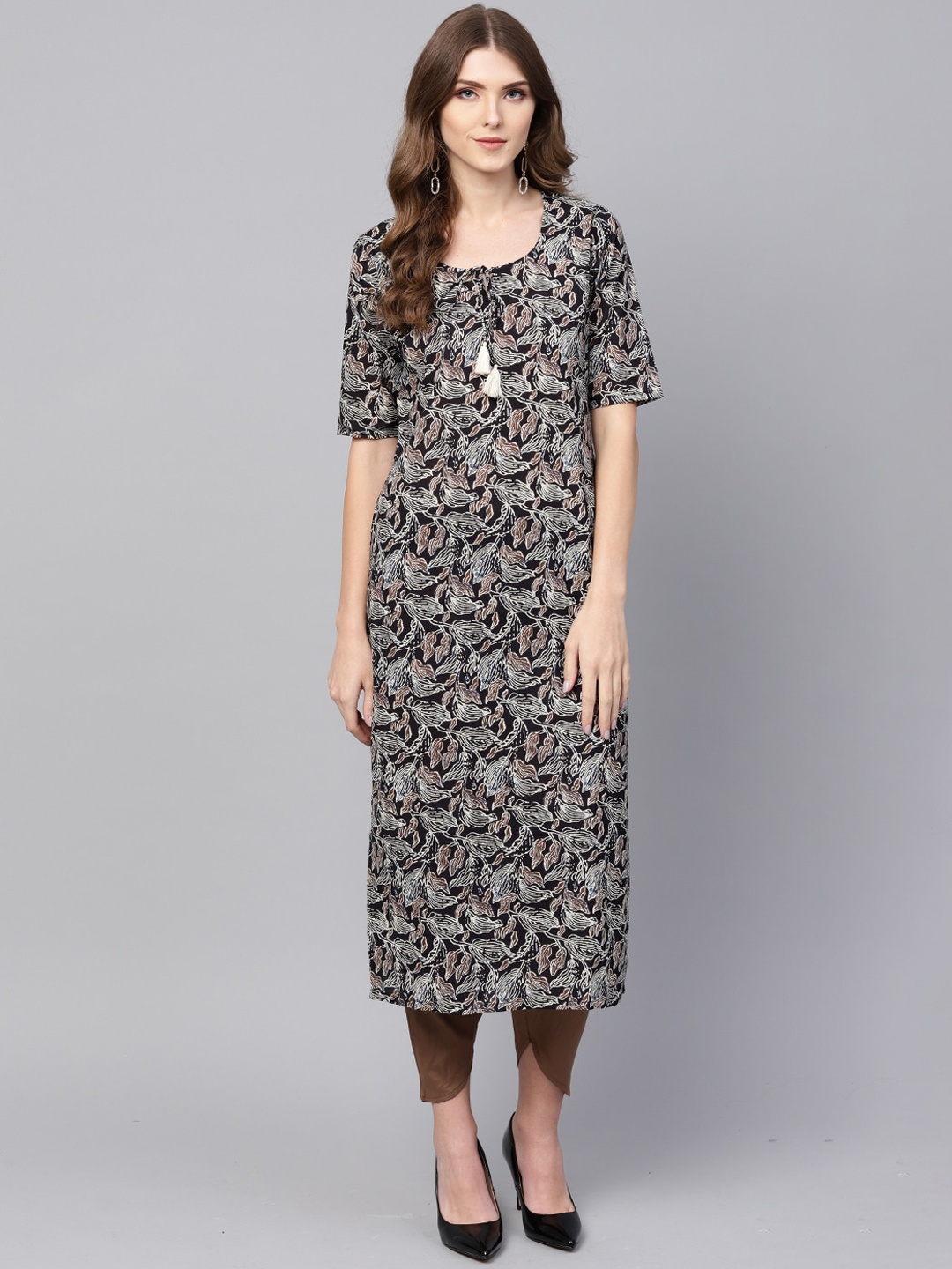 

Indo Era Women Black & Brown Floral Screen Printed Cotton Straight Kurta