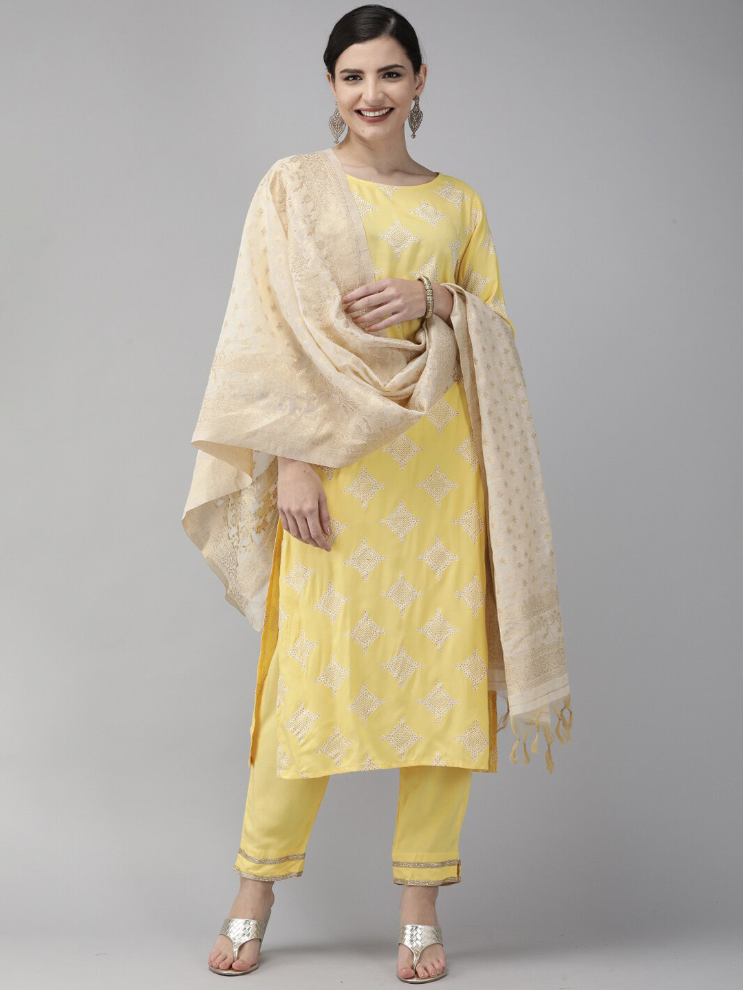 

Indo Era Women Yellow Ethnic Motifs Embroidered Kurta with Trousers & Dupatta