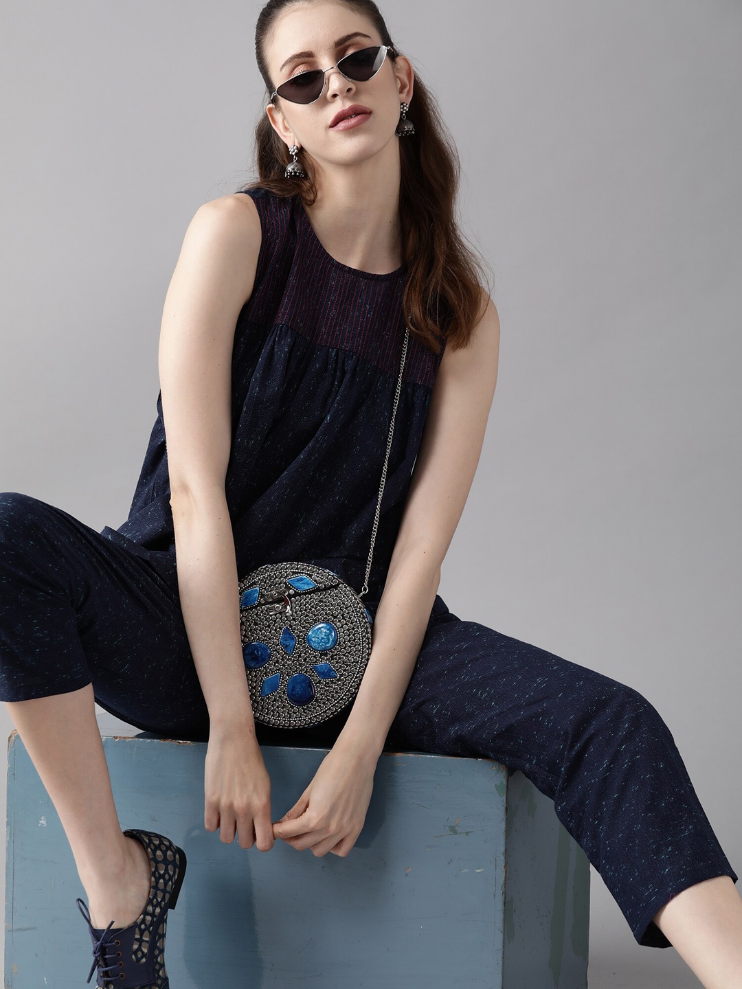 

Indo Era Women Navy Blue Printed Thread Work Pure Cotton Kurti with Trousers
