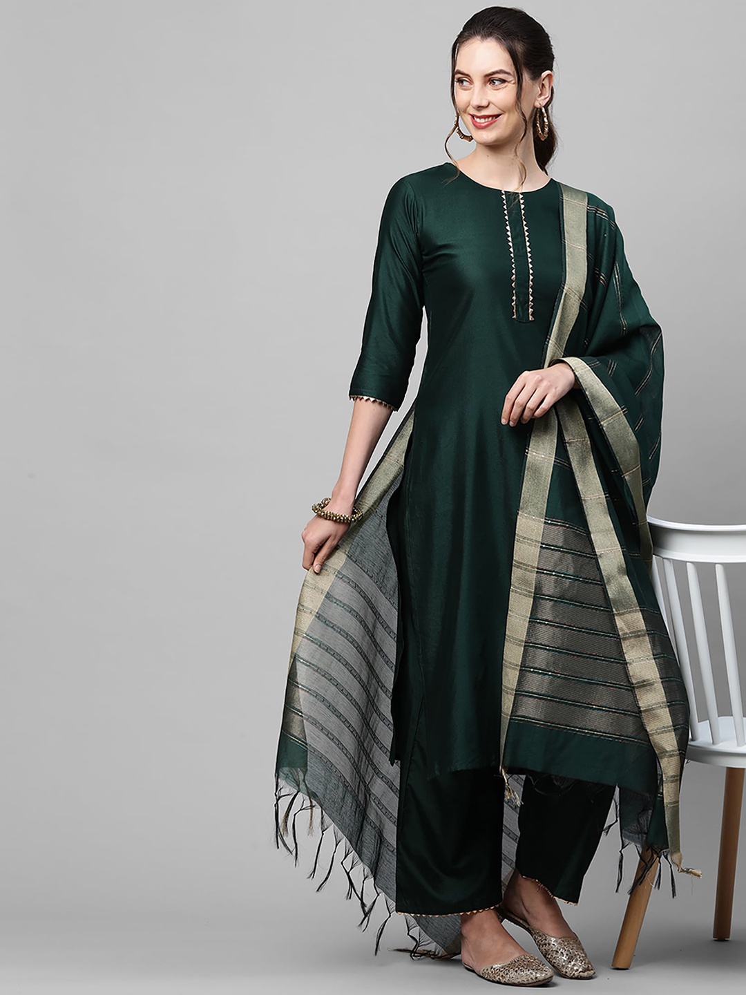 

Indo Era Women Green Gotta Patti Kurta with Trousers & With Dupatta
