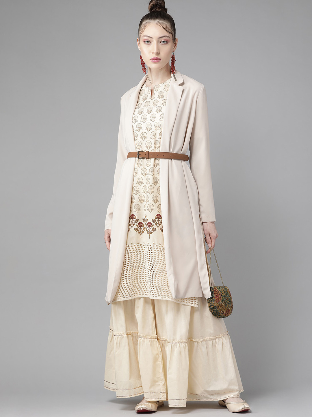 

Indo Era Women Cream-Coloured Ethnic Motifs Pure Cotton Kurta with Sharara