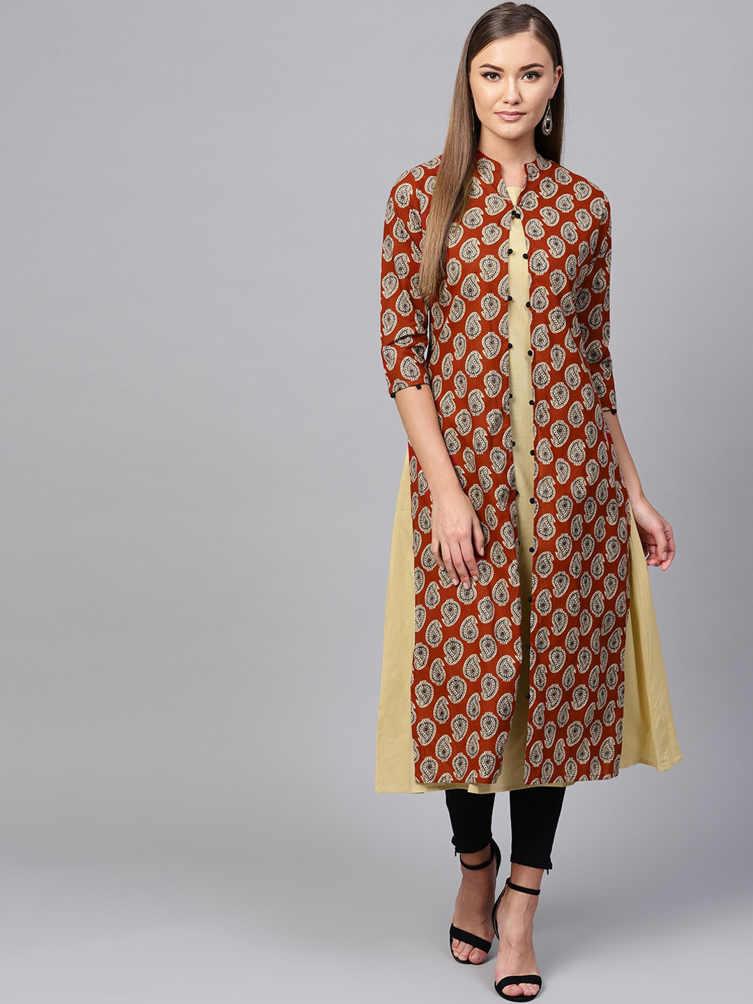 

Indo Era Women Maroon & Beige Paisley Printed Cotton A-line Kurta