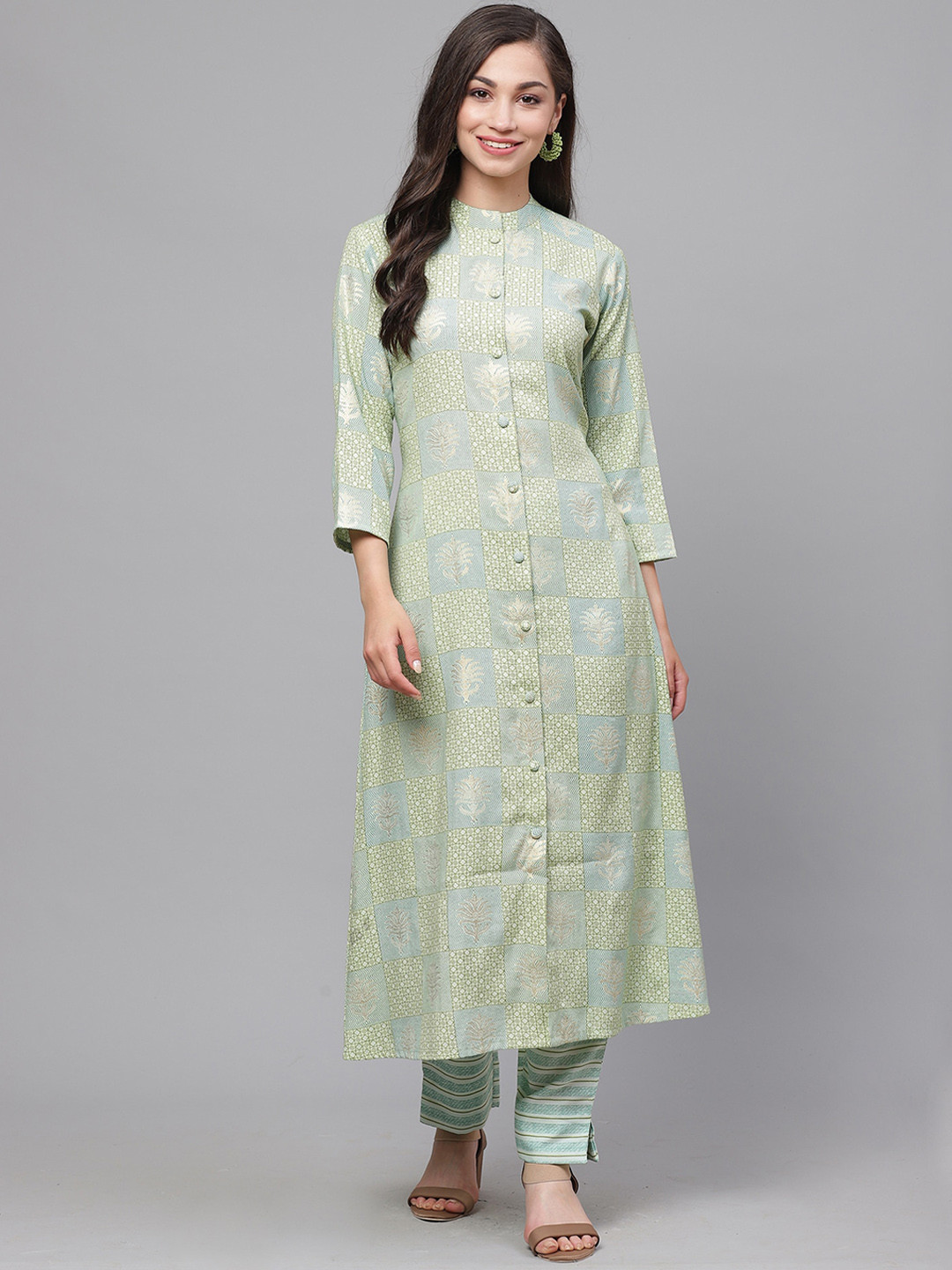 

Indo Era Women Green & Off-White Abstract Foil Printed Kurta with Trousers