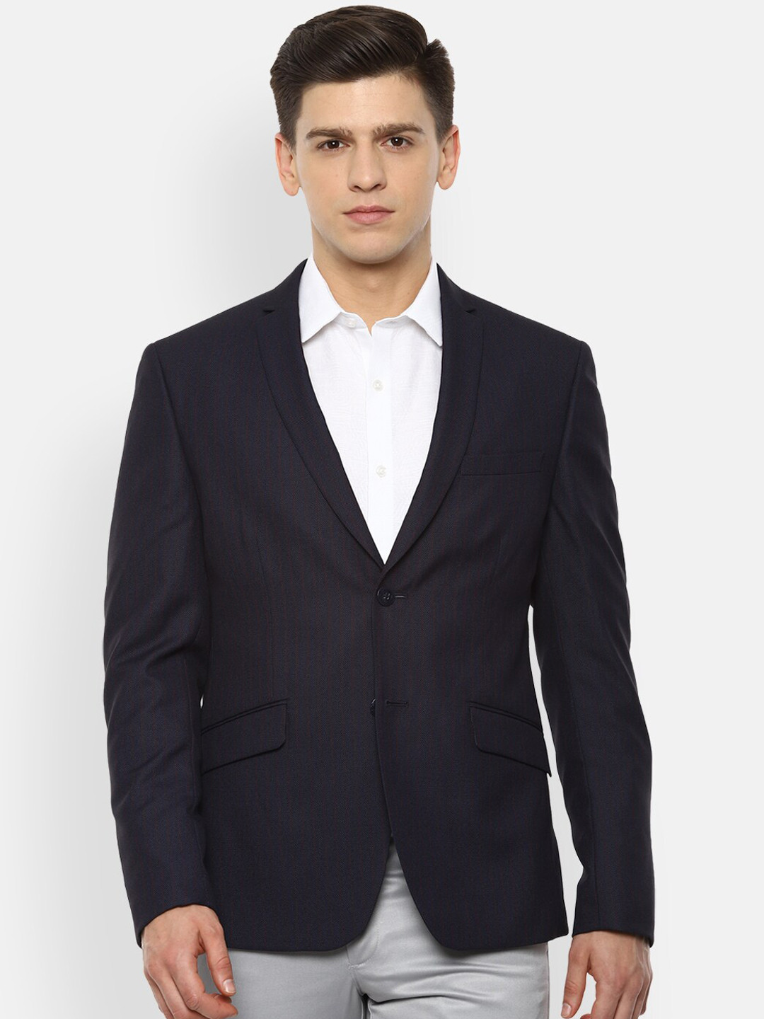 

V Dot Men Navy Blue Solid Slim-Fit Single-Breasted Formal Blazer