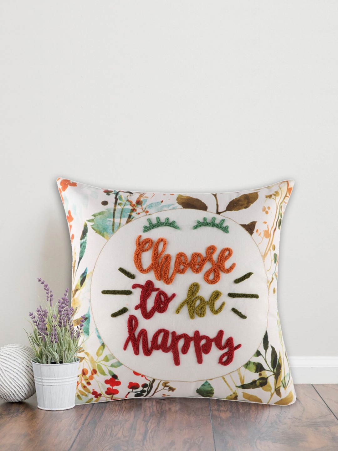 Home White & Green Floral Cotton Square Cushion Covers