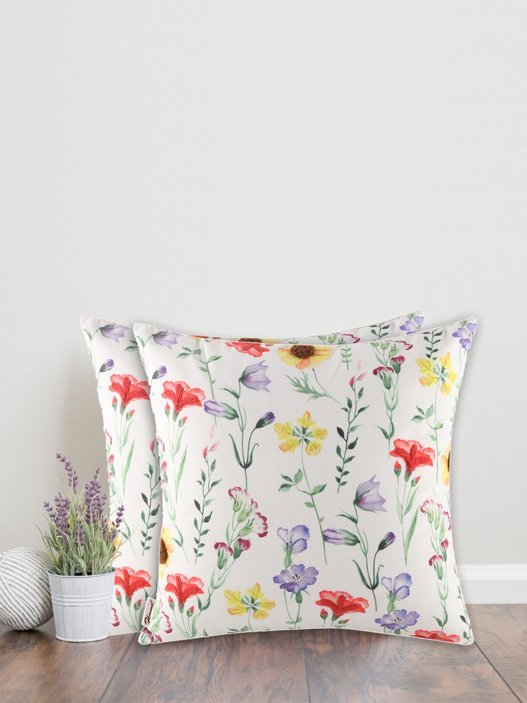 Home White & Green Set of 2 Floral Square Cushion Covers