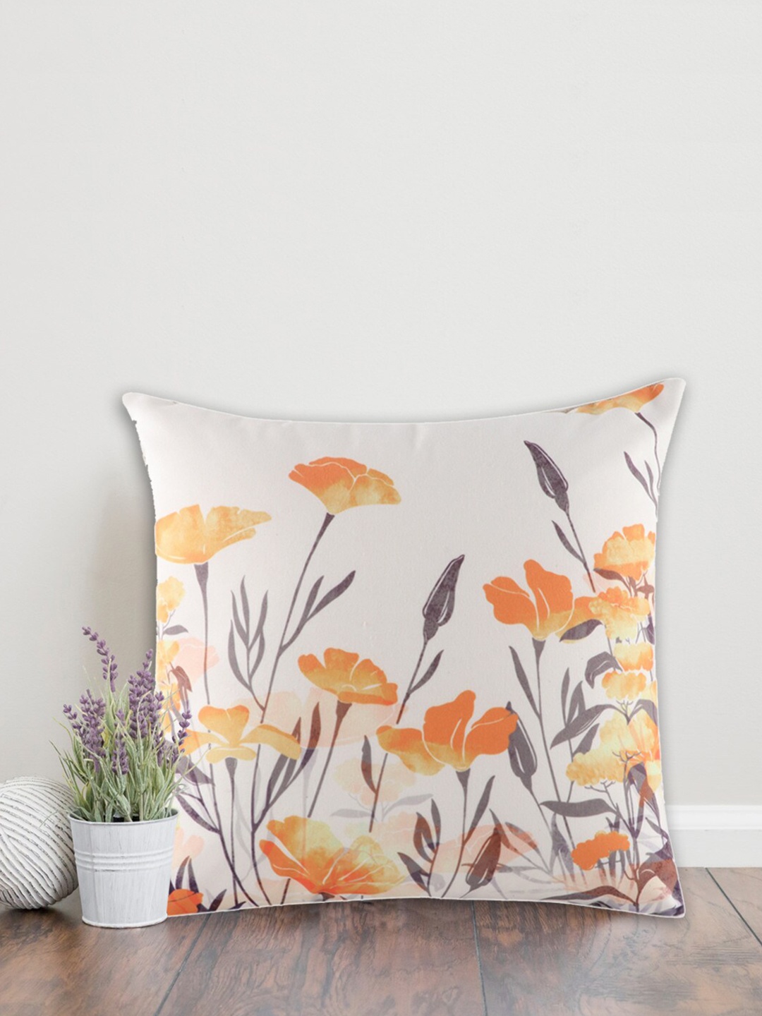 

Home White & Orange Floral Printed Square Cotton Cushion Covers