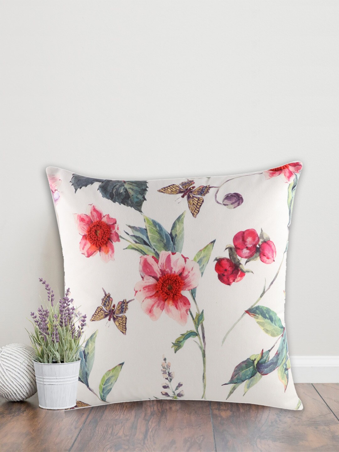 

Home White & Red Floral Cotton Square Cushion Covers