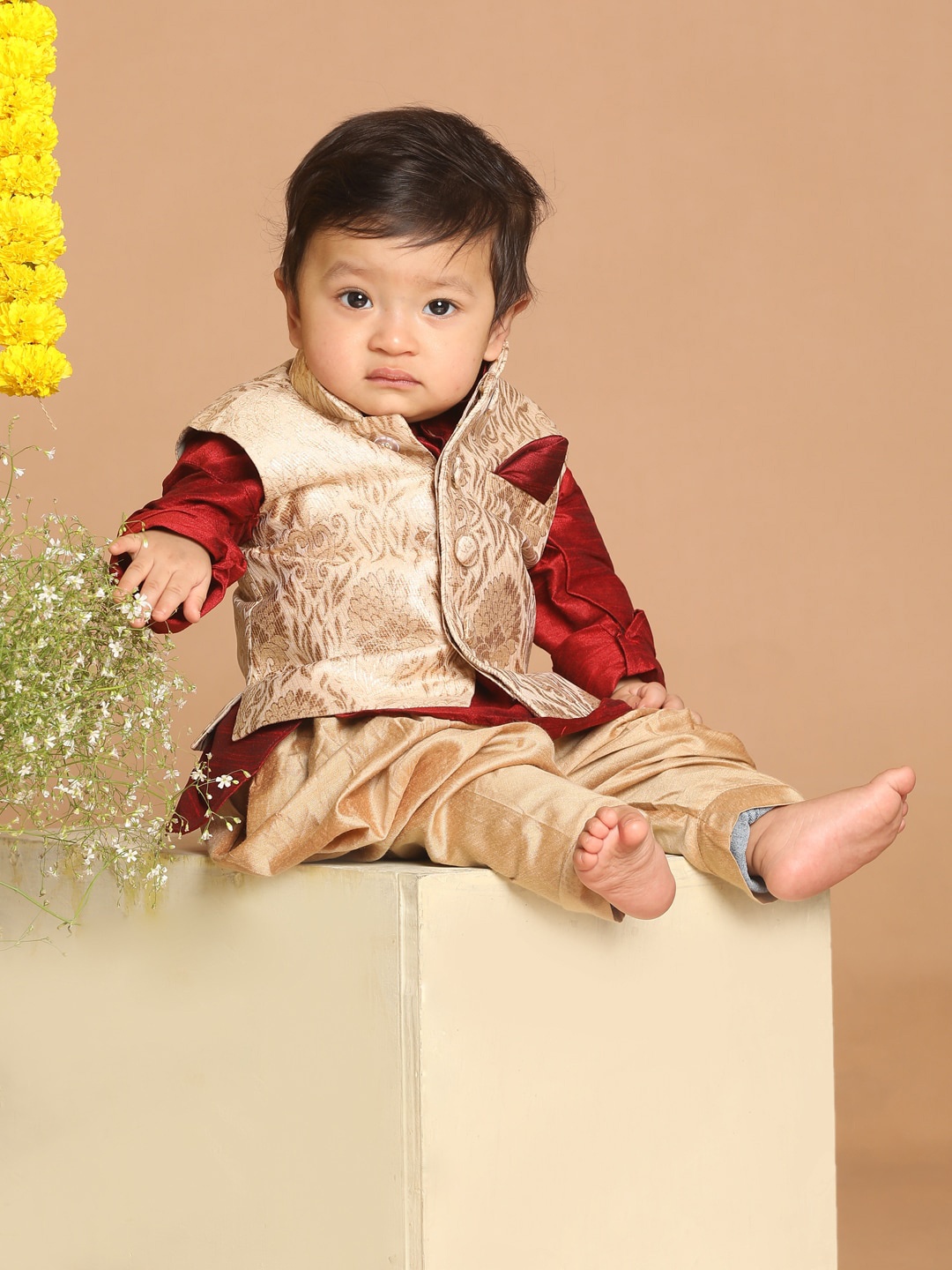 

VASTRAMAY Boys Maroon Kurta with Dhoti Pants & Nehru Jacket