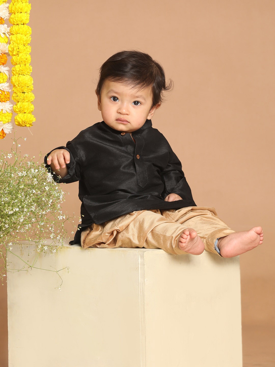 

VASTRAMAY Boys Black & Rose Gold-Toned Kurta with Dhoti Pants