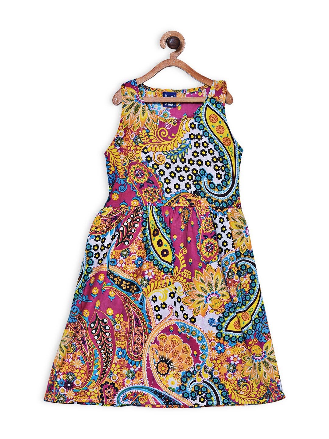 

SWEET ANGEL Girls Yellow & Pink Abstract Printed Cotton A-Line Dress