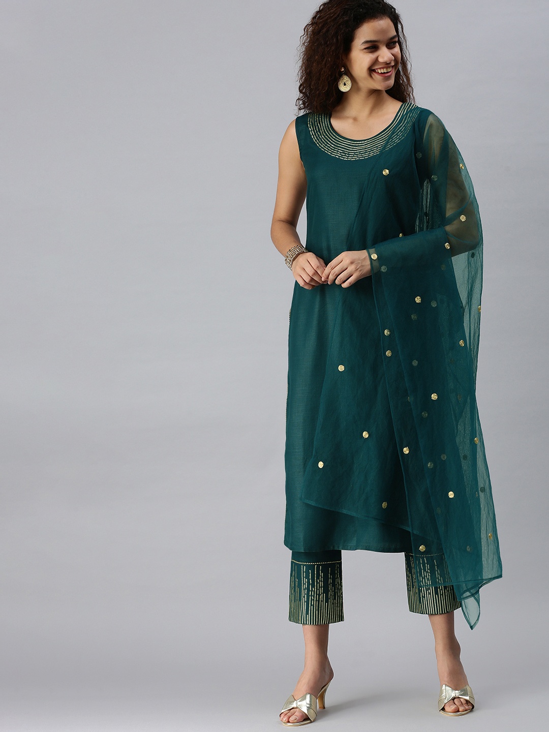 

SheWill Women Teal Layered Sequinned Kurta with Trousers & Dupatta