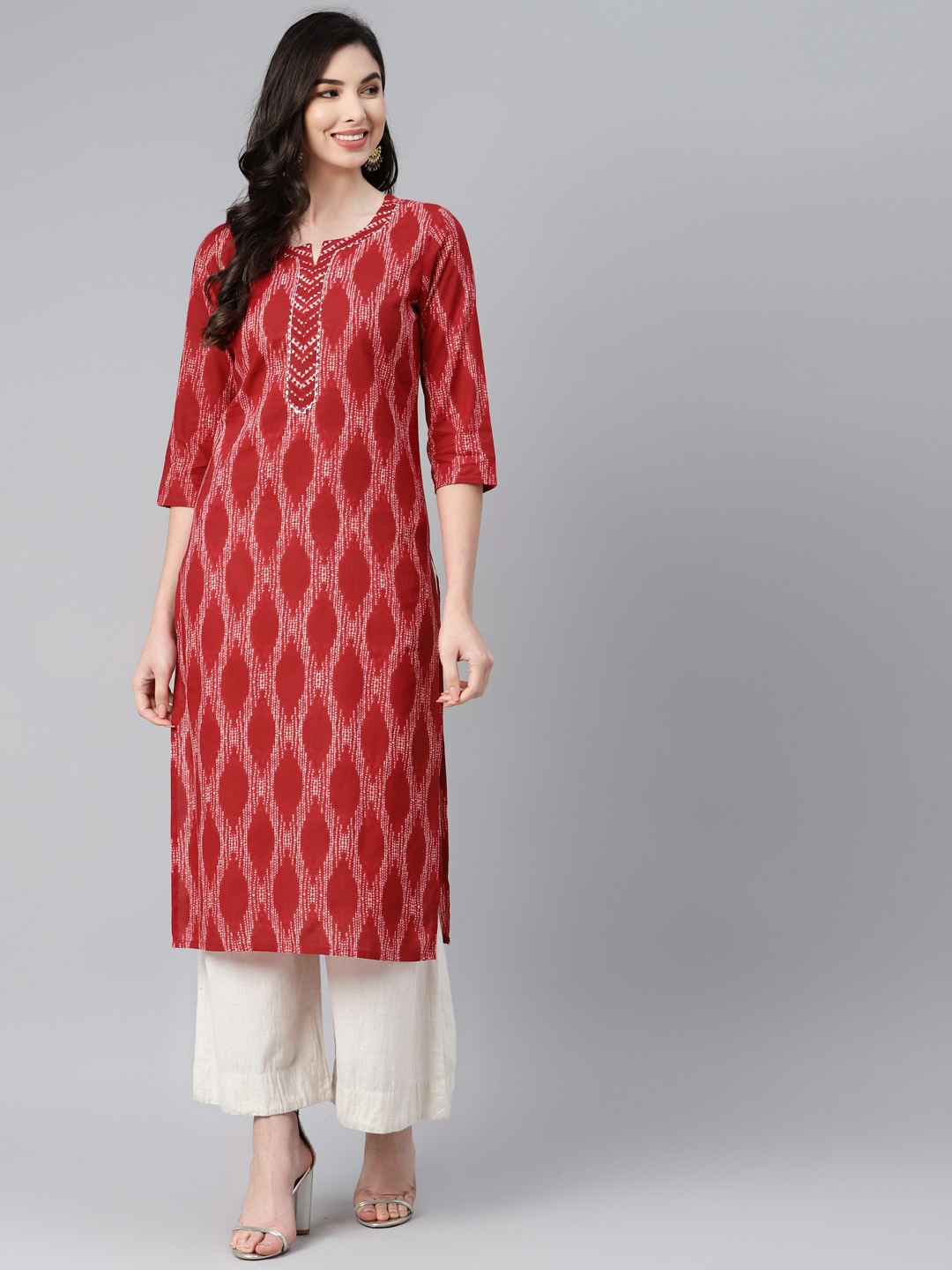 

PIROH Women Red & White Bandhani Printed Pure Cotton Gotta Patti Kurta