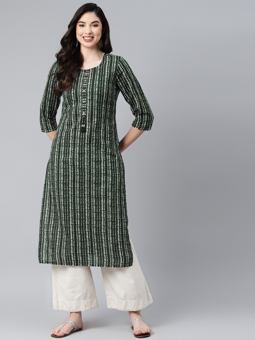 

PIROH Women Green & White Bandhani Printed Pure Cotton Kurta