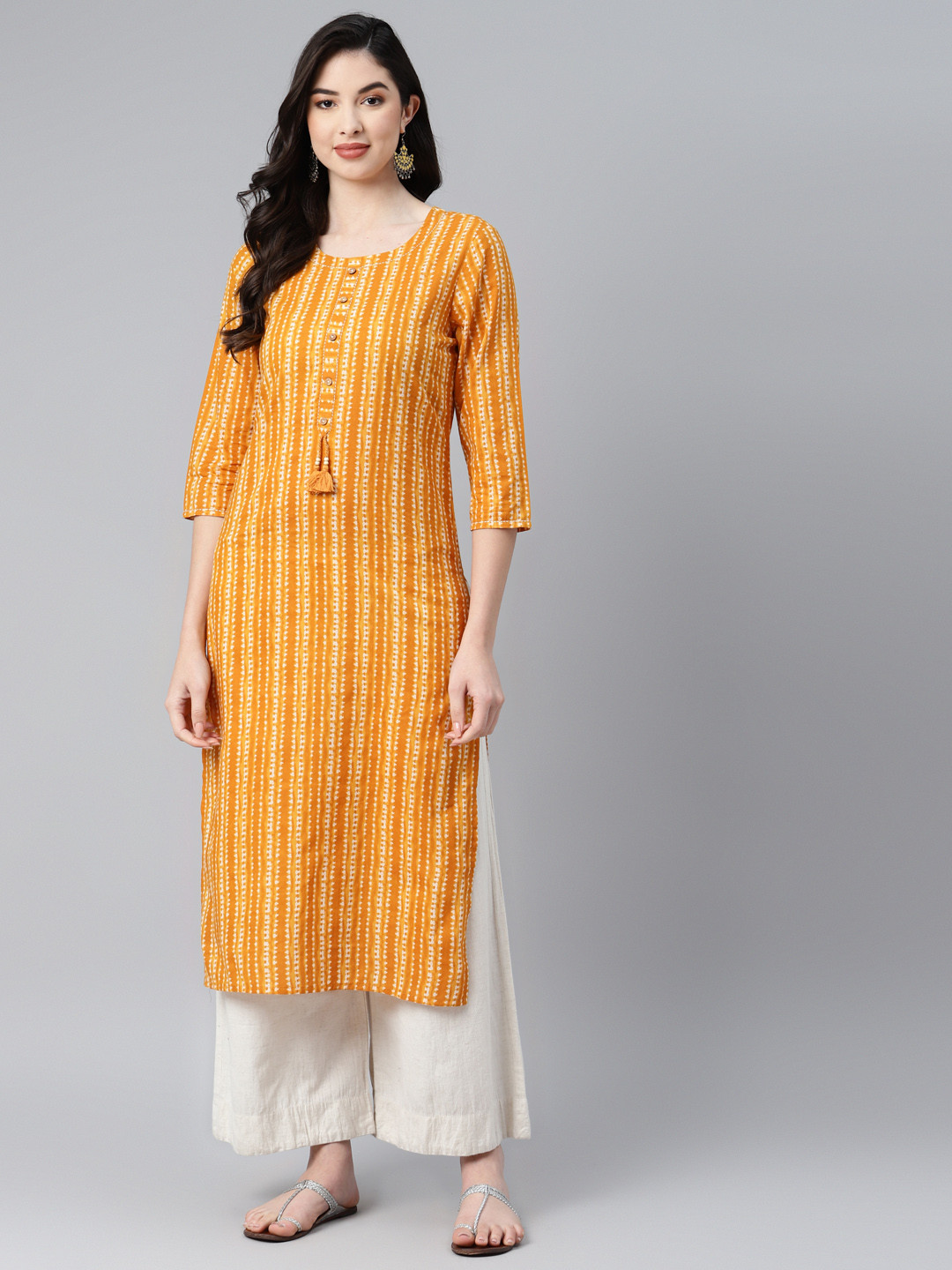 

PIROH Women Mustard Yellow & White Bandhani Printed Pure Cotton Kurta