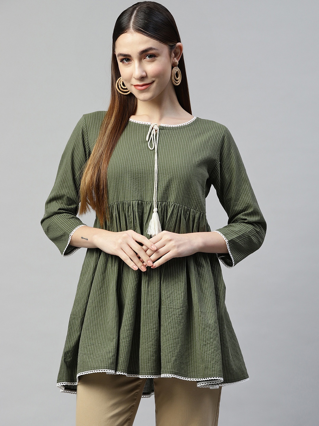 

RAJGRANTH Olive Green Striped Tunic
