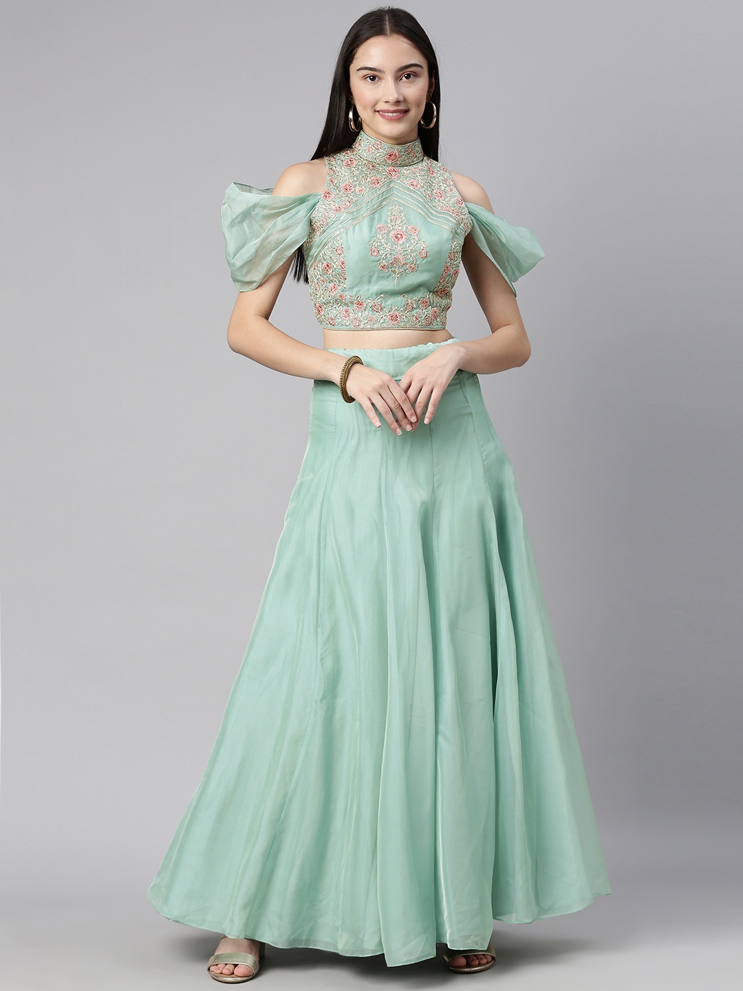 

flaher Green & Pink Embroidered Fusion Ready to Wear Lehenga Choli
