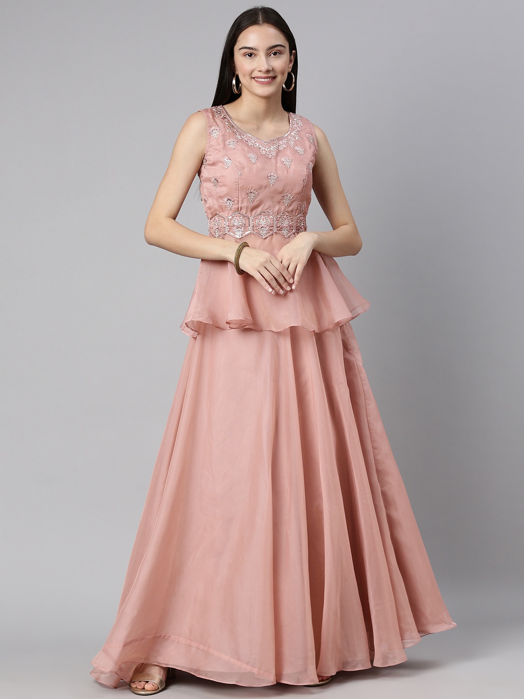

flaher Peach-Coloured & Golden Embroidered Fusion Ready to Wear Lehenga Choli