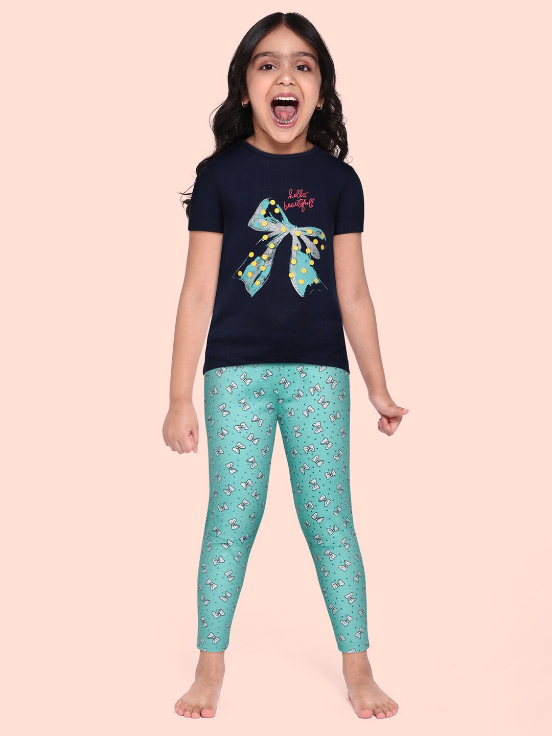

Eimoie Girls Navy Blue Pure Cotton Printed Night suit