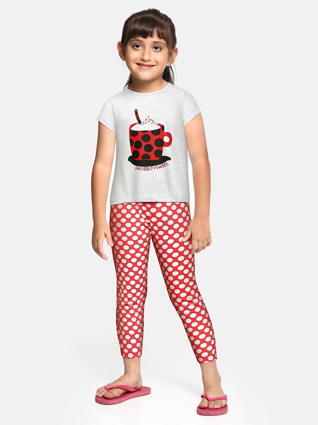 

Eimoie Girls Grey Melange & Red Pure Cotton Printed Night suit