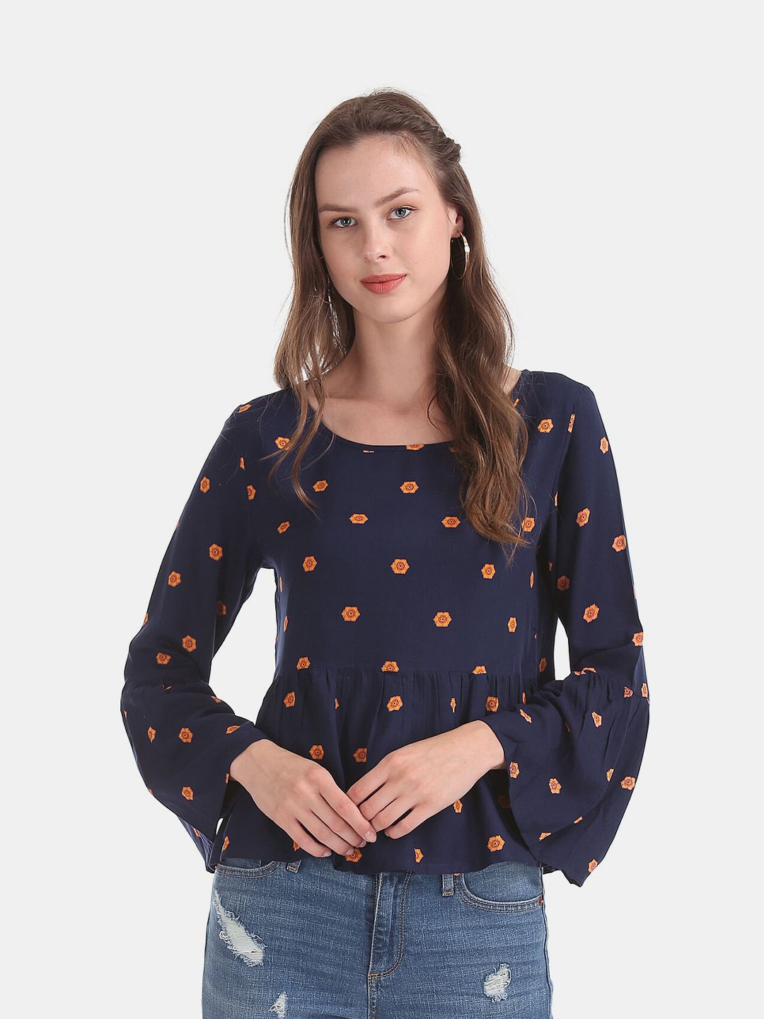 

Bronz Women Navy Blue Geometric Printed Flared Sleeves Rayon Top