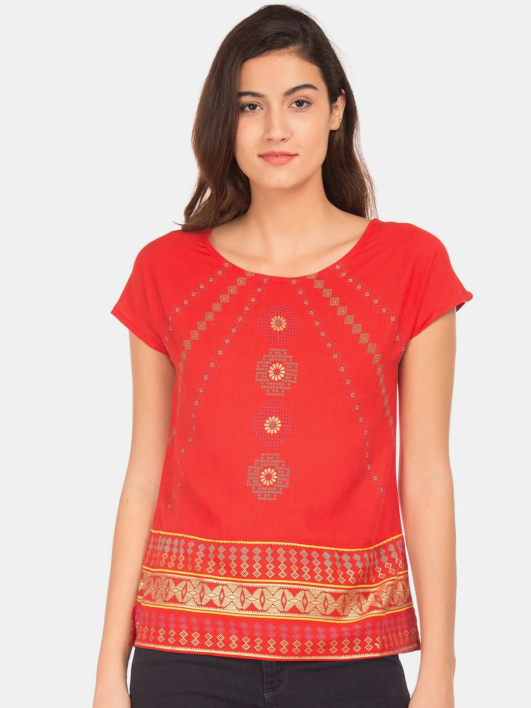 

Bronz Red Print Extended Sleeves Top