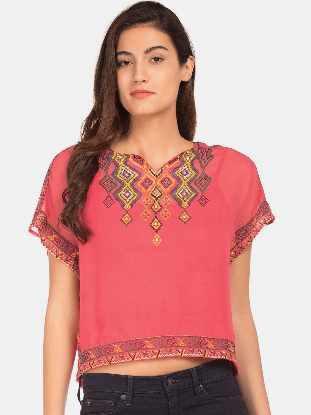

Bronz Pink Geometric Printed Extended Sleeves Crop Top