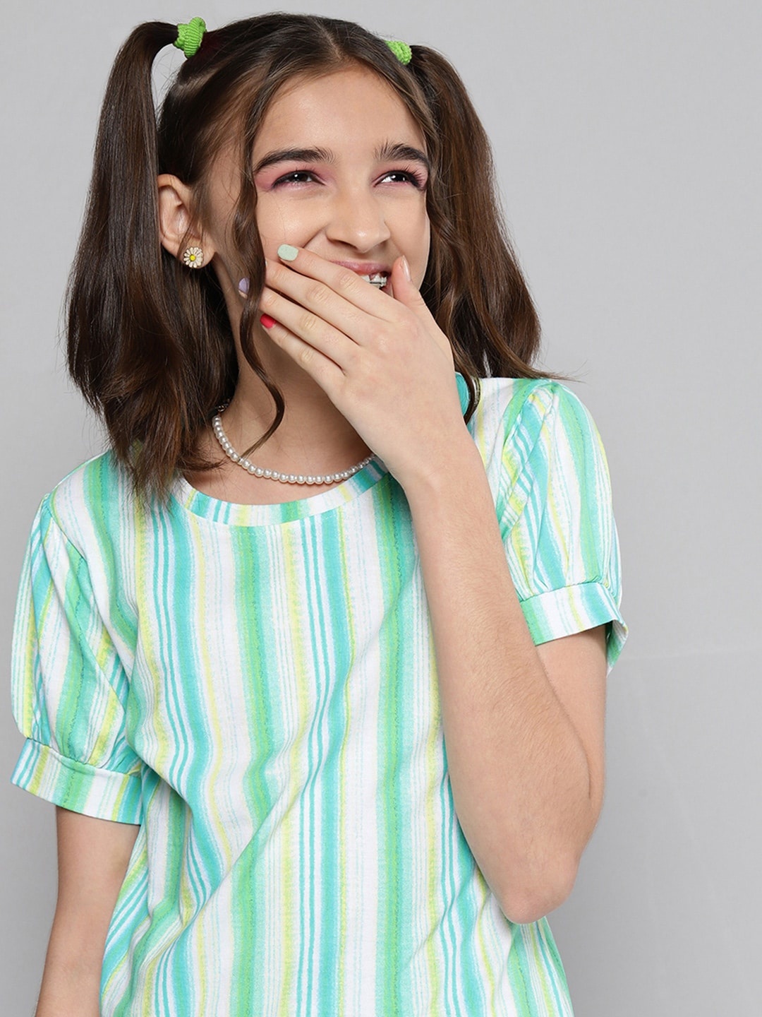 

JUSTICE Girls Green & White Striped Pure Cotton T-shirt