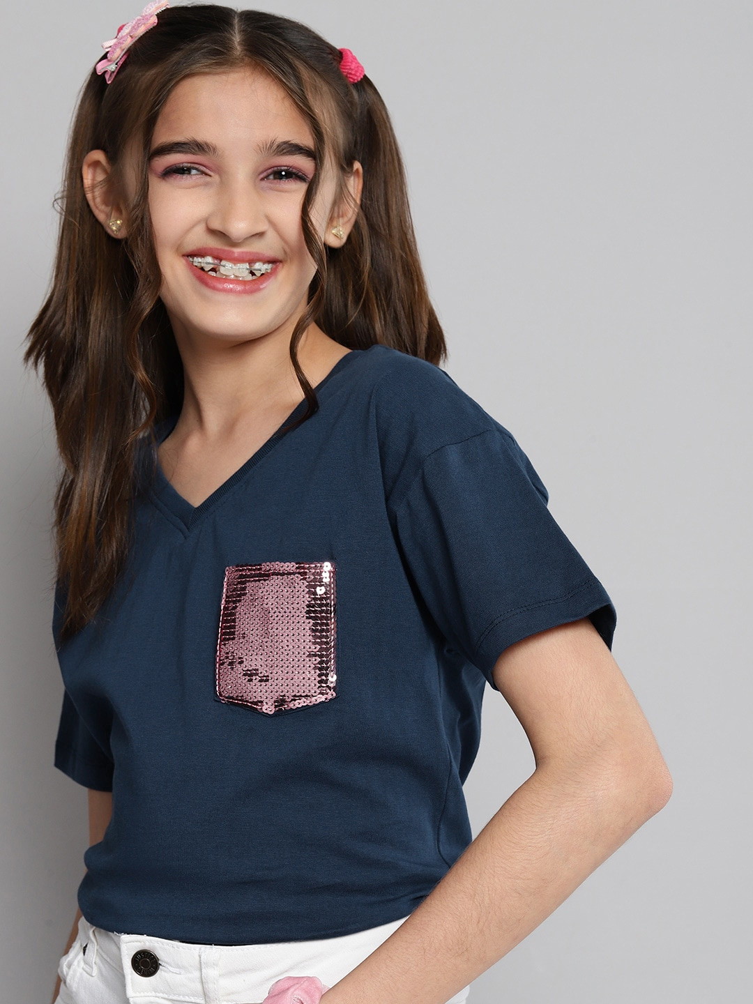 

JUSTICE Girls Blue V-Neck Pure Cotton T-shirt