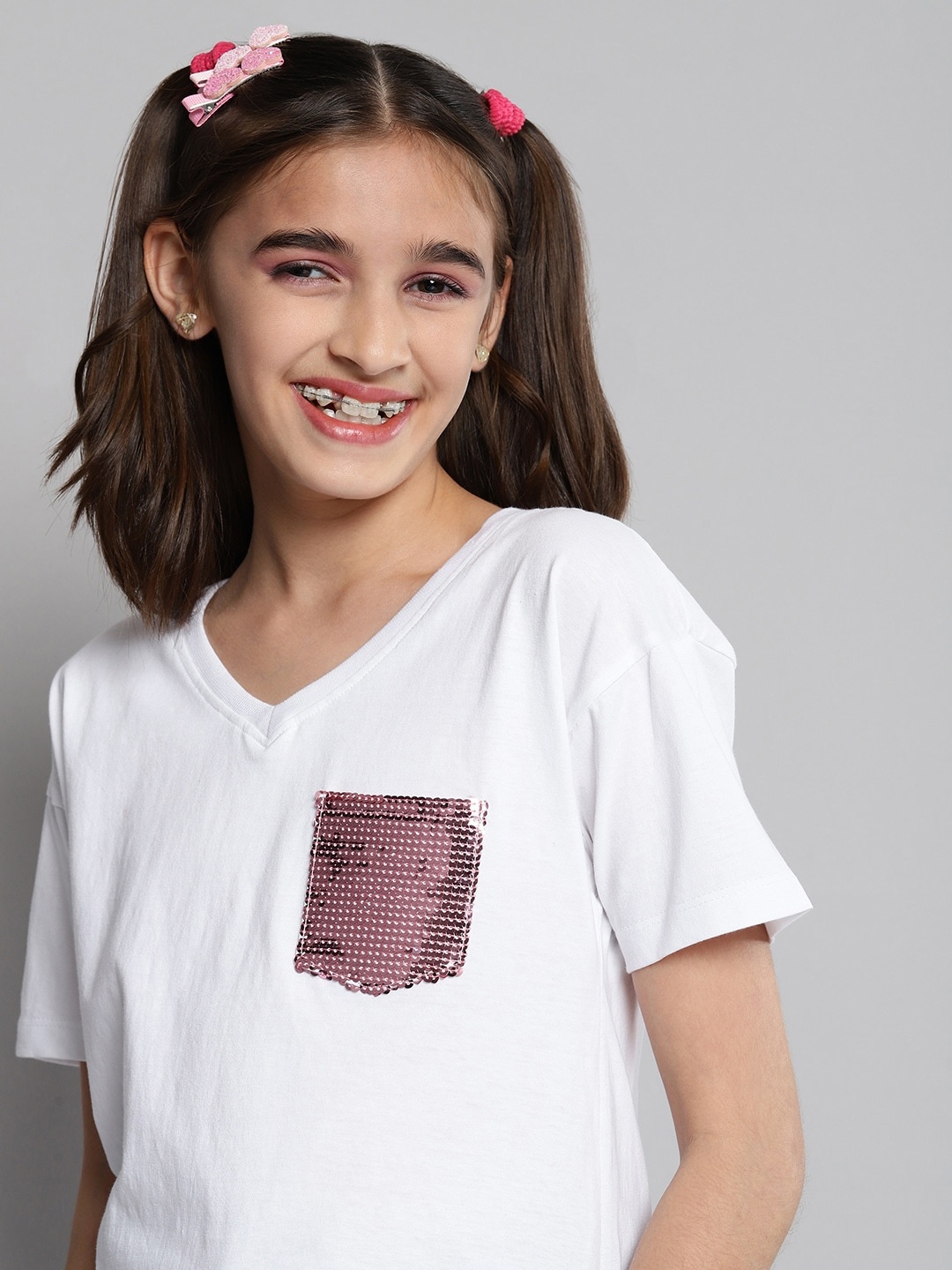 

JUSTICE Girls White V-Neck Drop-Shoulder Sleeves Pure Cotton T-shirt