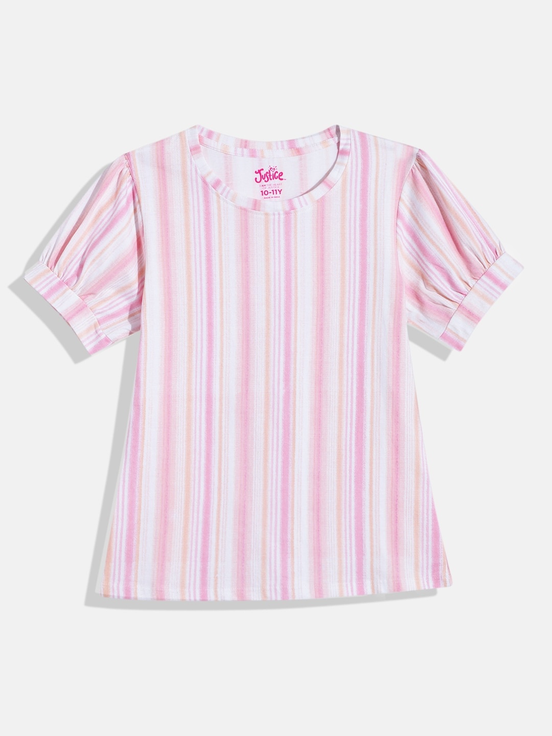 

JUSTICE Girls Pink & White Vertical Multi Stripes Puff Sleeves Pure Cotton A-Line Top