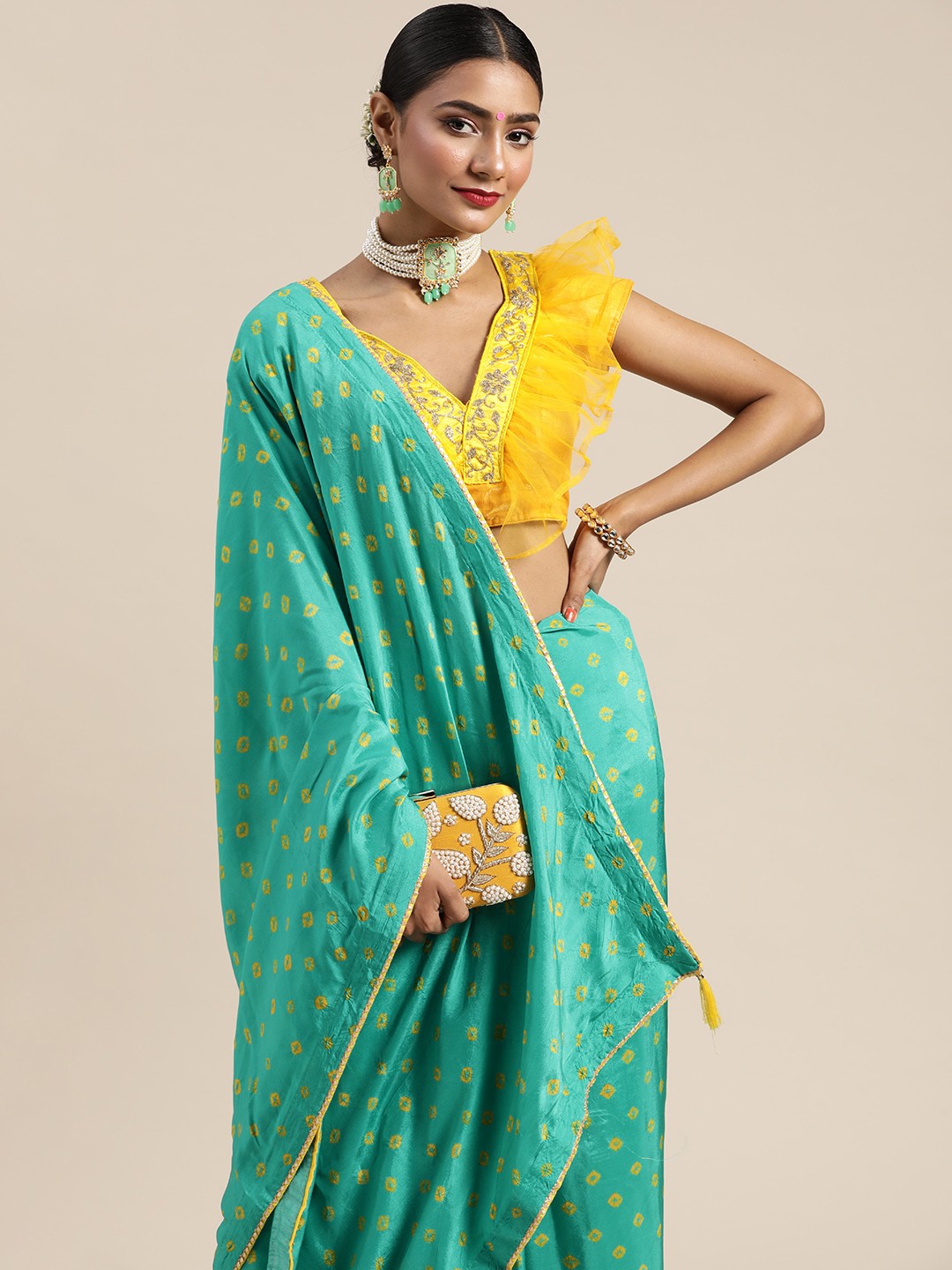 

Chhabra 555 Sea Green & Yellow Bandhani Saree