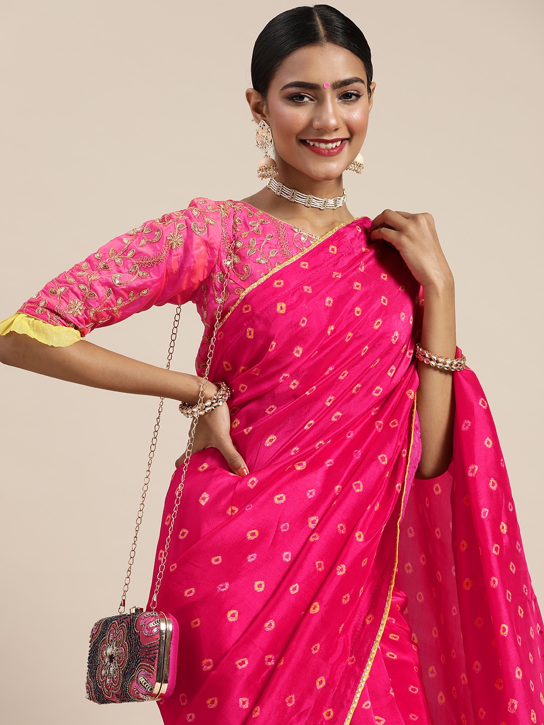 

Chhabra 555 Pink & Yellow Bandhani Gotta Patti Silk Blend Bandhani Saree