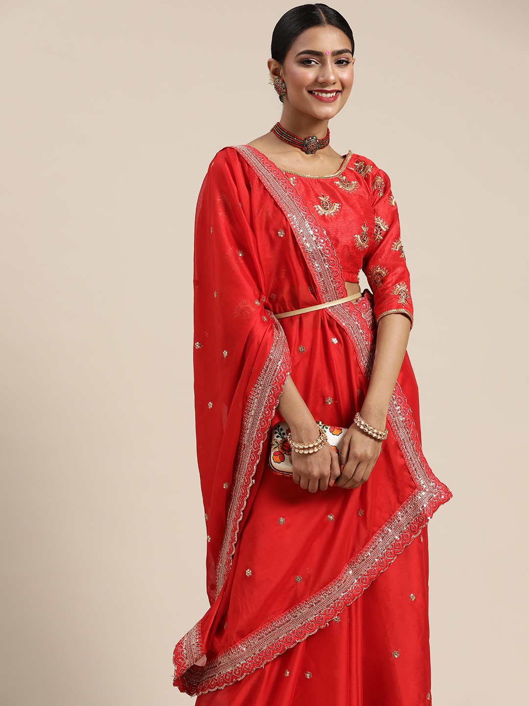 

Chhabra 555 Red & Golden Floral Sequinned Saree