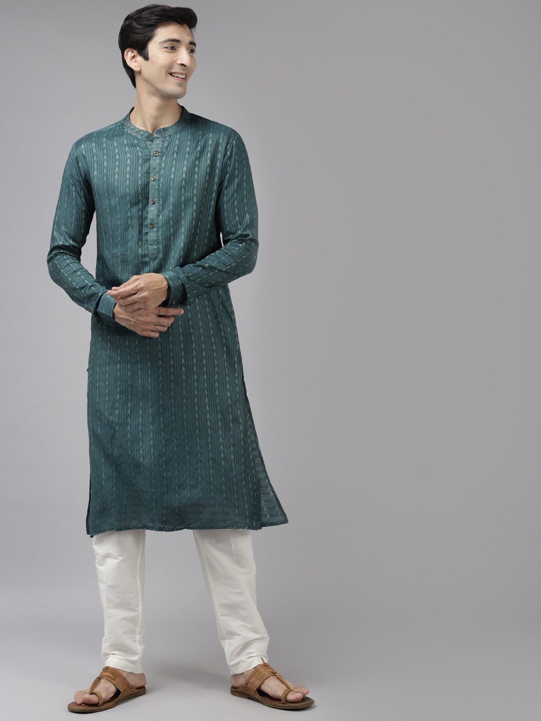 

See Designs Men Teal Green Thread Work Kurta with Trousers