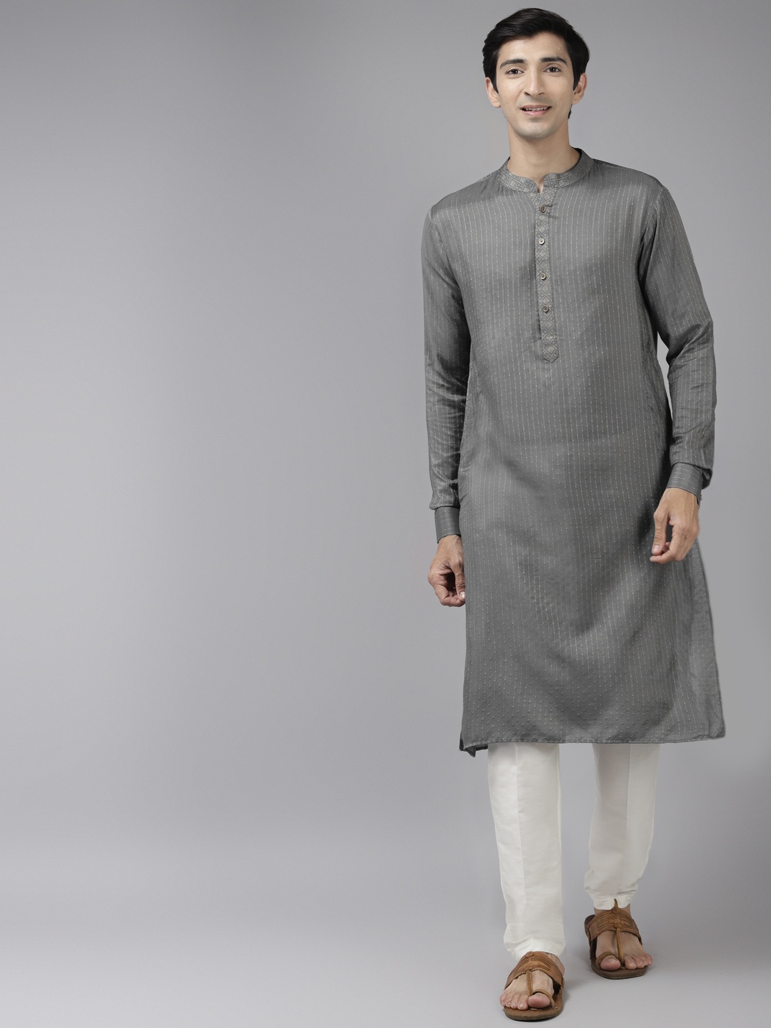

See Designs Men Grey Thread Work Kurta with Trousers